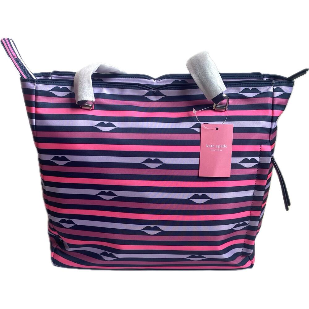 NEW KATE SPADE Jae Nylon Striped Lip Print Large Tote Shoulder Bag Purse Novelty - Picture 4 of 8